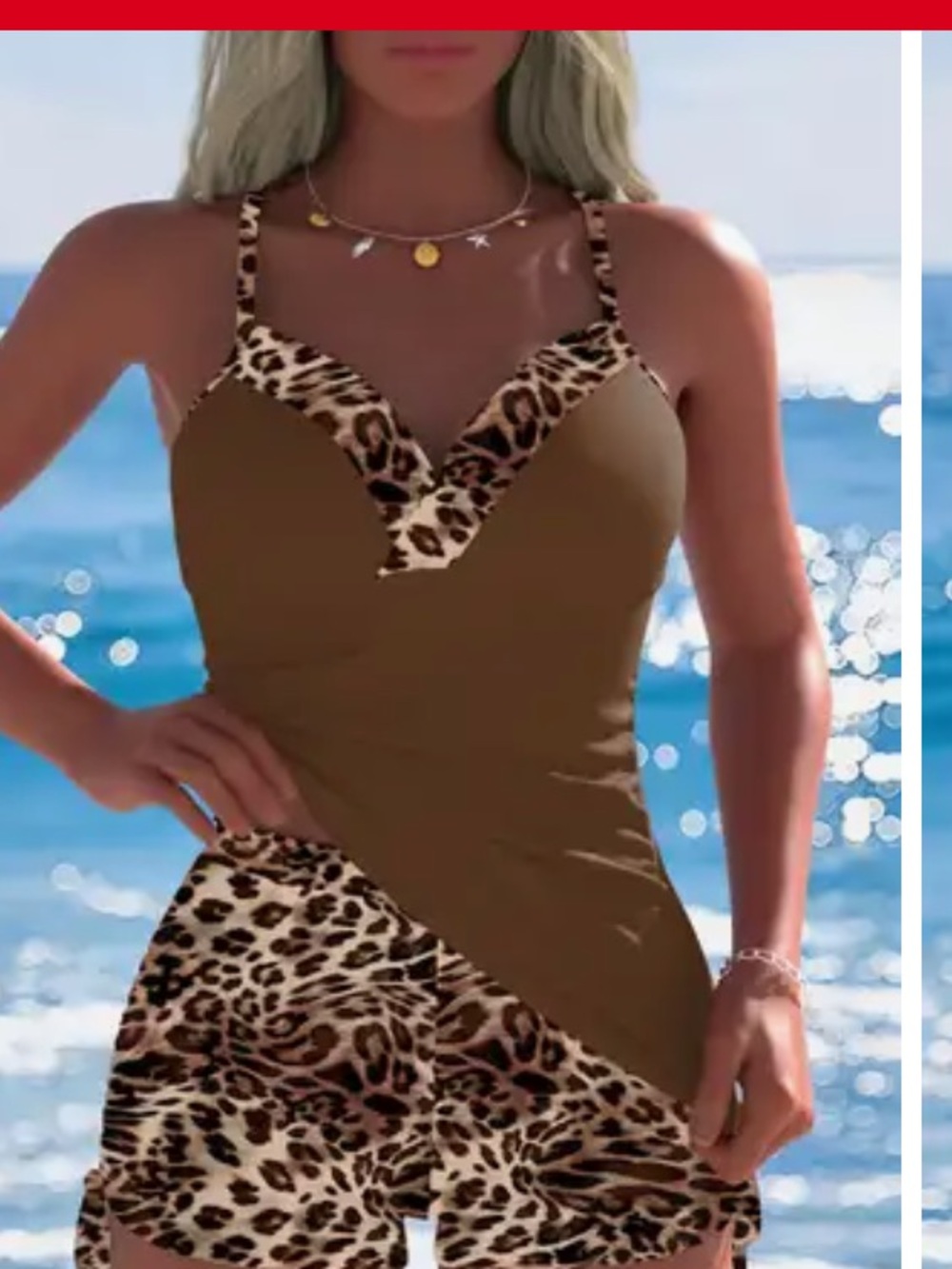 Brown Leopard Print Tankini Top with High-Waist Bottom